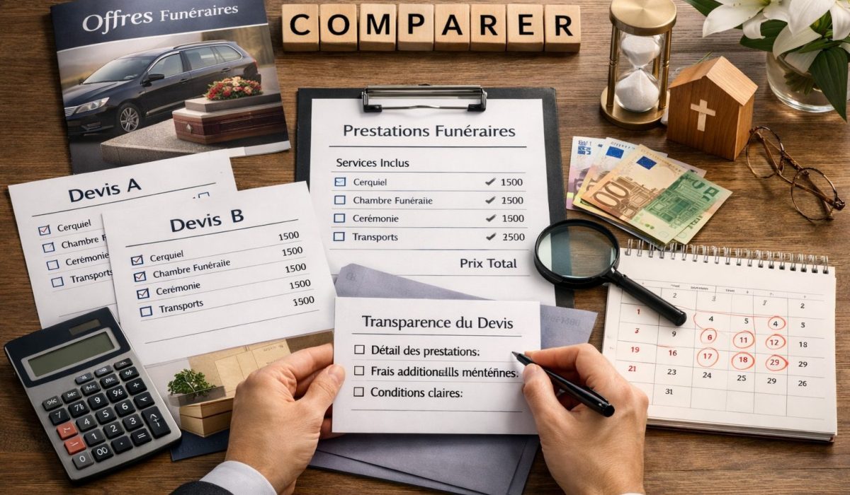 Comparaison de prestations funéraires avec devis, grille de services, transparence des tarifs et analyse des prix