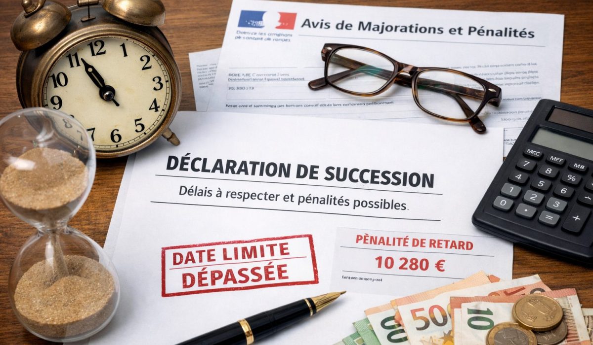 Déclaration de succession avec délai dépassé, pénalités de retard, horloge, sablier et calculatrice sur un bureau