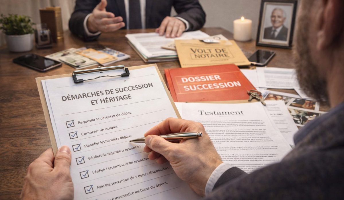 Démarches de succession et héritage avec dossier notarial, testament et documents administratifs
