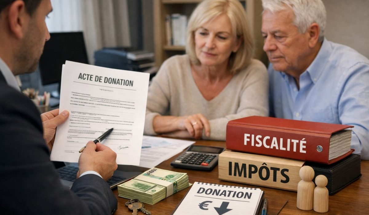 Illustration réaliste d’une transmission patrimoniale avec documents fiscaux liés à une donation