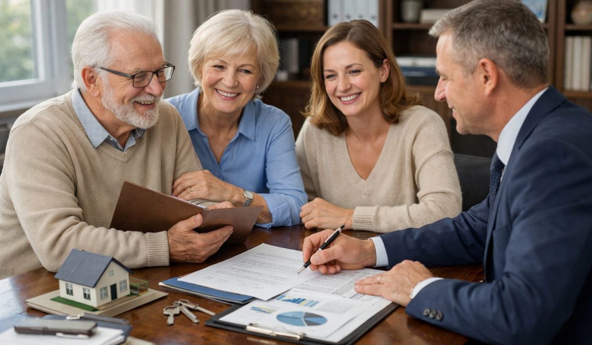 Famille en rendez-vous avec un conseiller patrimonial pour organiser une donation et la transmission de son patrimoine