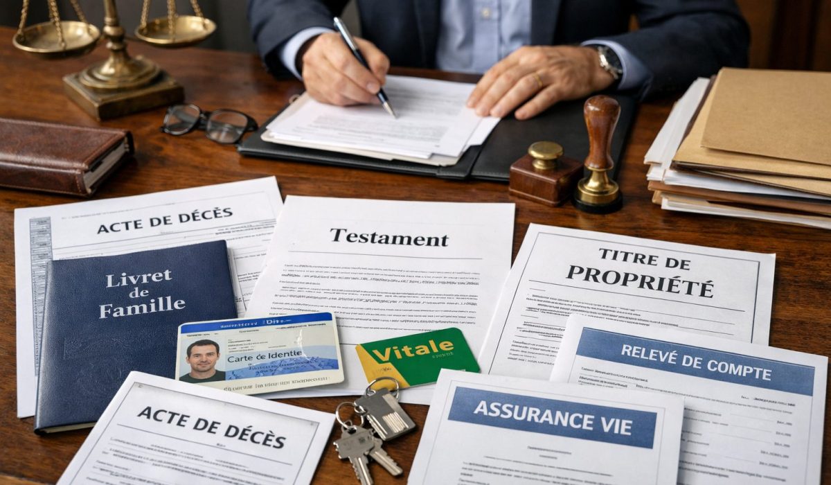 Dossier de succession avec acte de décès, livret de famille, testament et titre de propriété sur le bureau d’un notaire