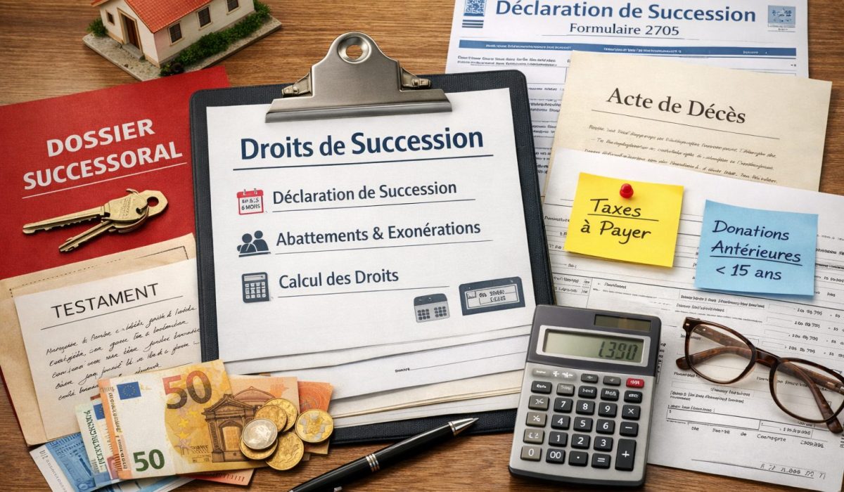 Documents sur les droits de succession avec déclaration, calcul fiscal et dossier successoral