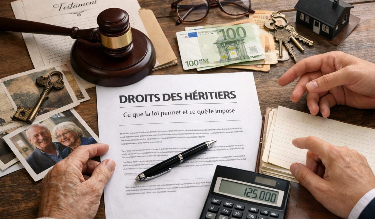 Héritage en France : documents de succession, testament, notaire et héritiers autour d’une table dans un cadre juridique réaliste