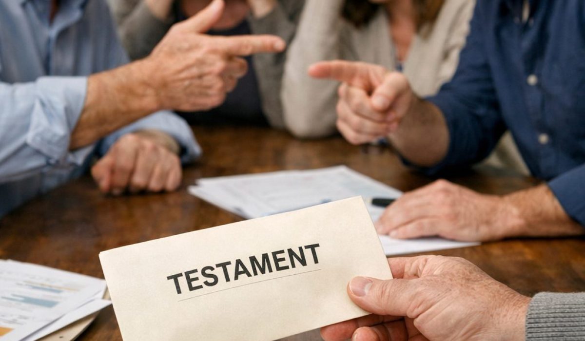 Conflit familial autour d’un testament lors d’une succession avec documents juridiques posés sur une table