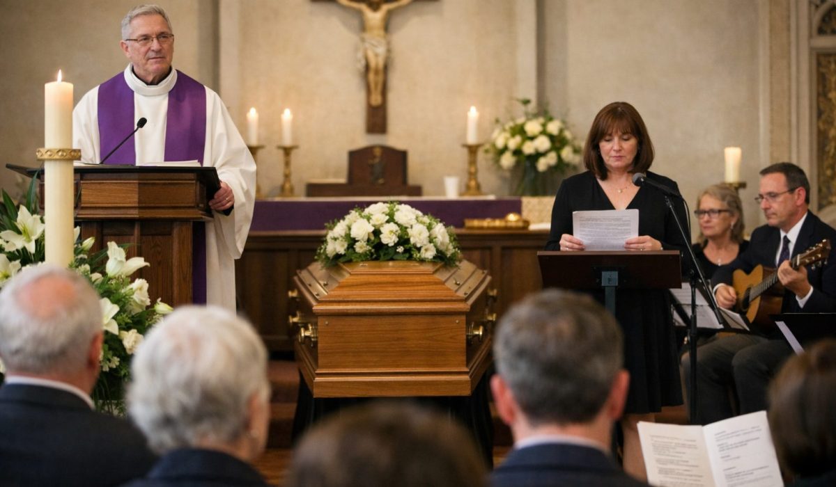 Hommage religieux lors d’obsèques avec prêtre, cercueil, lectrice, musiciens et assistance dans une église