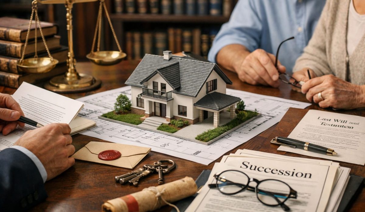 Patrimoine immobilier dans un cadre successoral avec maison familiale, documents notariés, estimation immobilière et transmission d’héritage