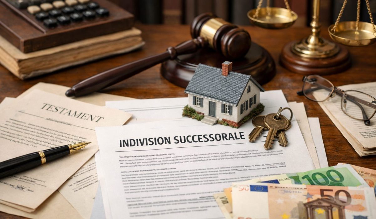 Illustration réaliste d’une indivision successorale avec documents de succession, clés, maison et conseils juridiques