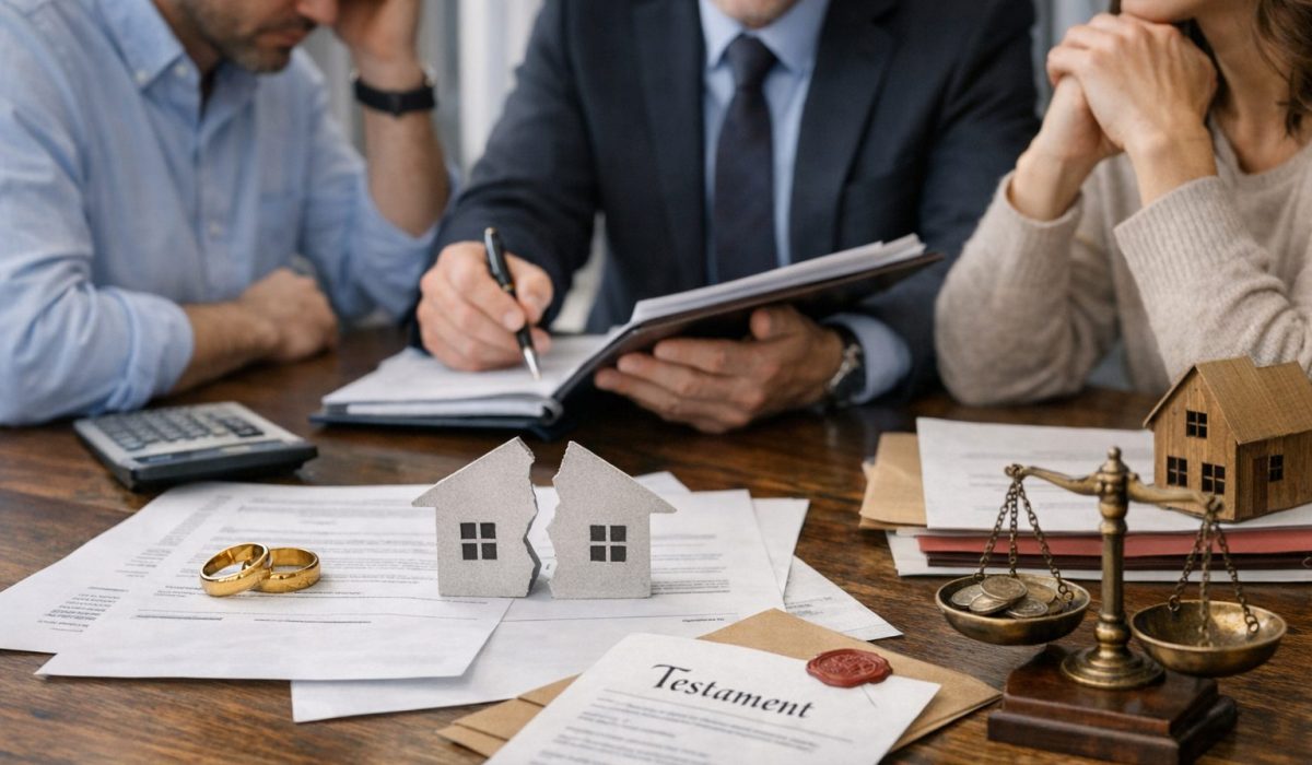 Liquidation du régime matrimonial et succession avec avocat, couple, documents juridiques, alliances et maison divisée