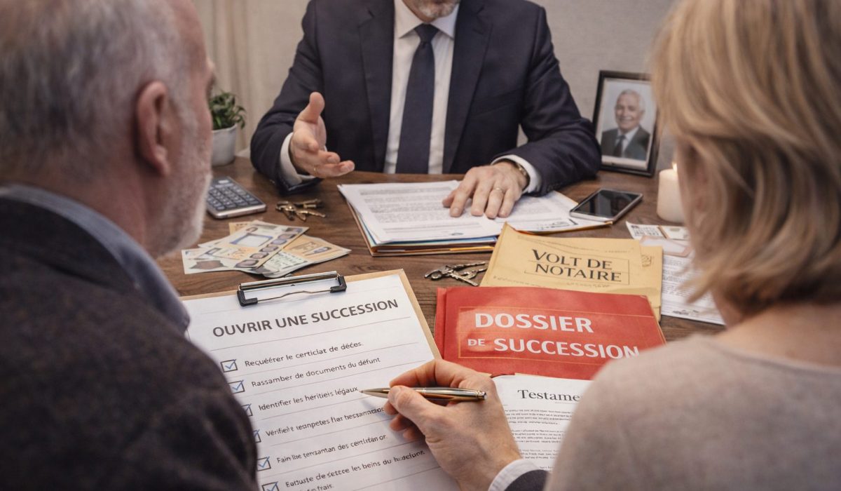 Notaire en rendez-vous avec des héritiers pour expliquer une succession et les démarches à suivre