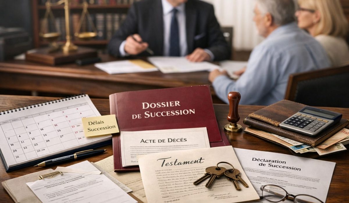 Ouverture d’une succession avec documents notariaux, calendrier des démarches, acte de décès, dossier patrimonial et rendez-vous chez le notaire