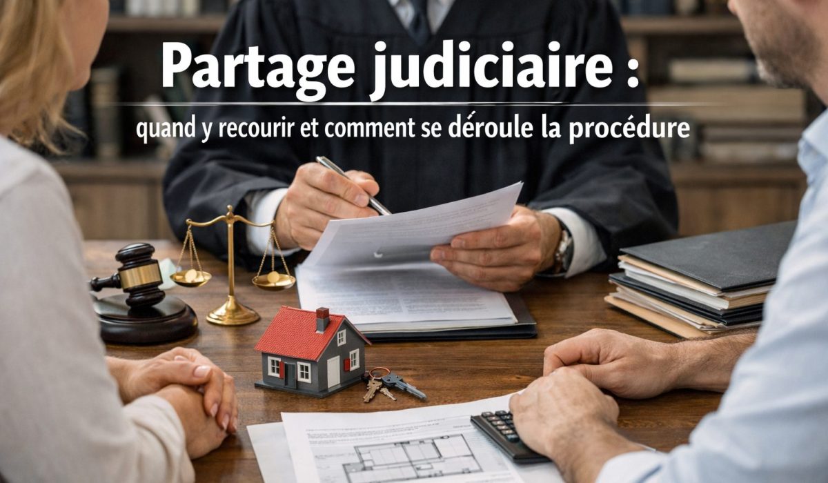 Juge examinant un dossier de partage judiciaire avec deux parties en consultation autour d’une maison miniature et de documents juridiques