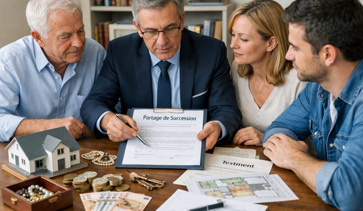Famille réunie avec un notaire pour organiser le partage de succession et la répartition du patrimoine