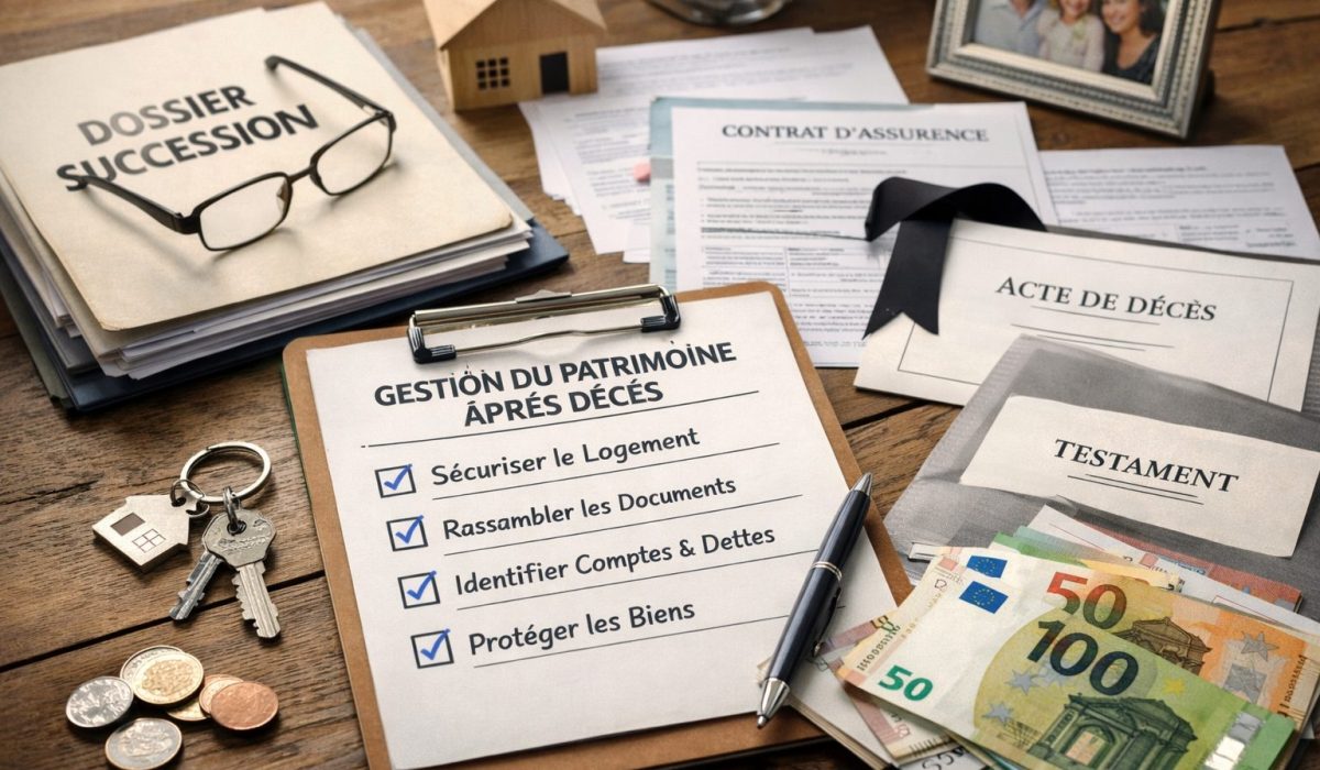 Gestion du patrimoine après décès avec documents, dossier successoral et priorités administratives