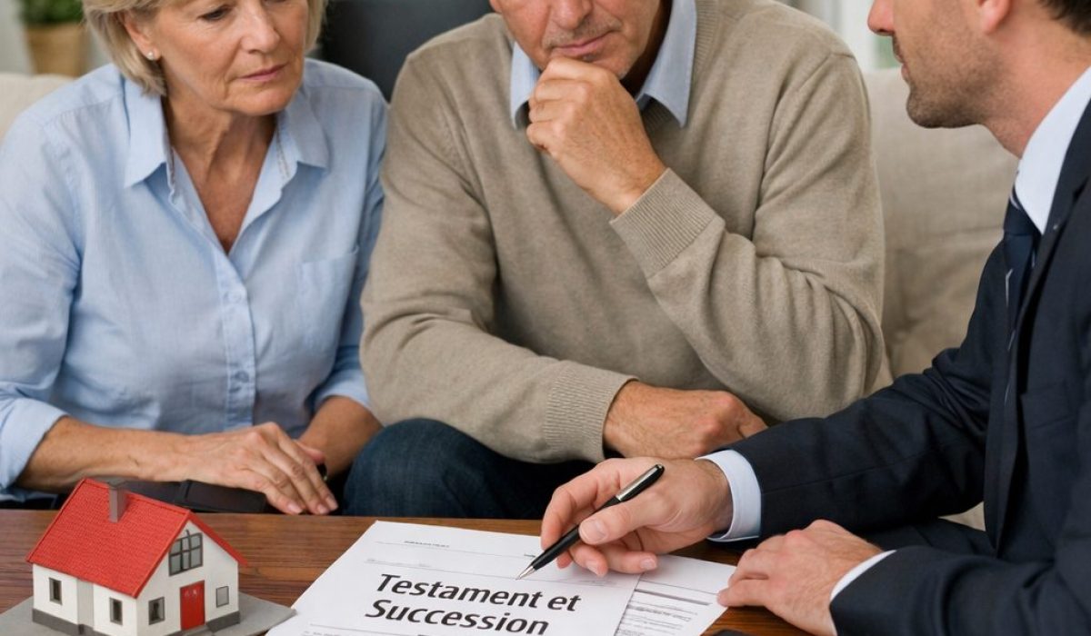Conseiller patrimonial présentant des documents de succession à un couple devant une maquette de maison pour illustrer les décisions immobilières à prendre lors d’un héritage