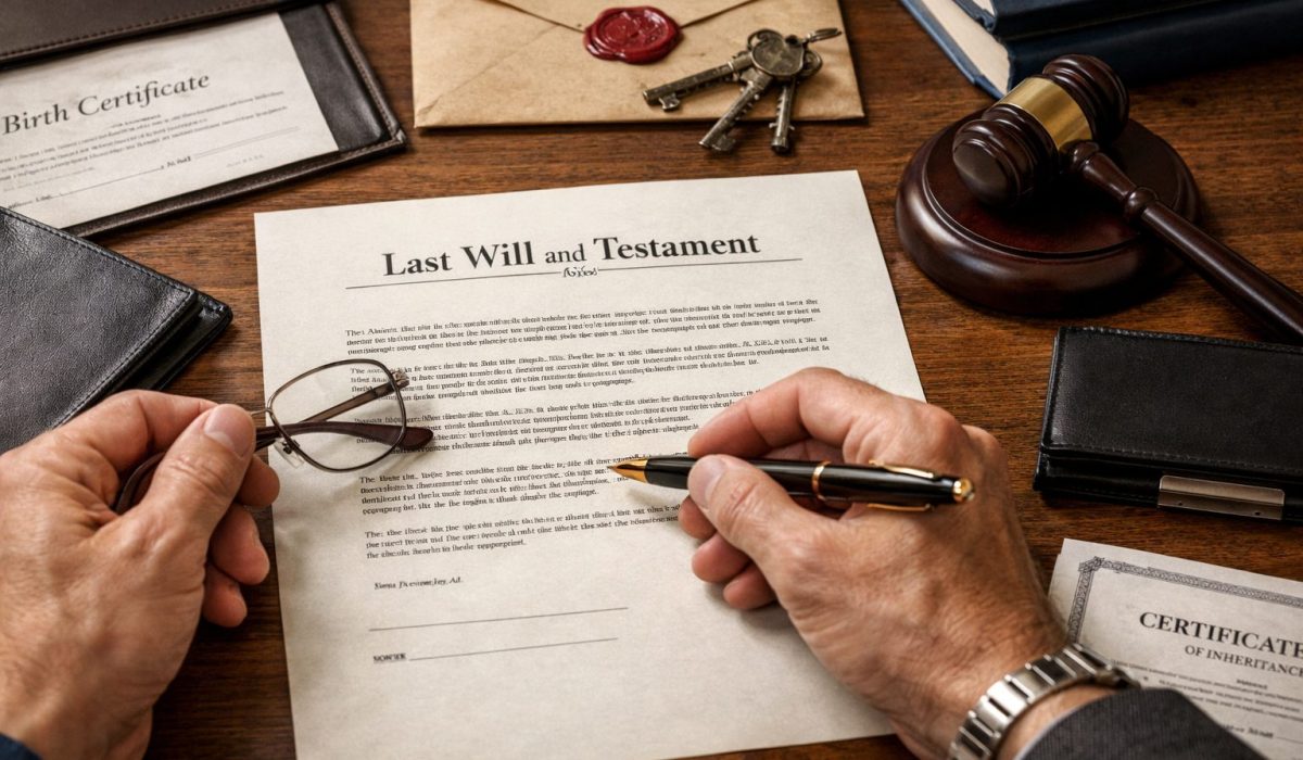 Signature d’un testament sur un bureau avec stylo, documents successoraux et marteau de justice