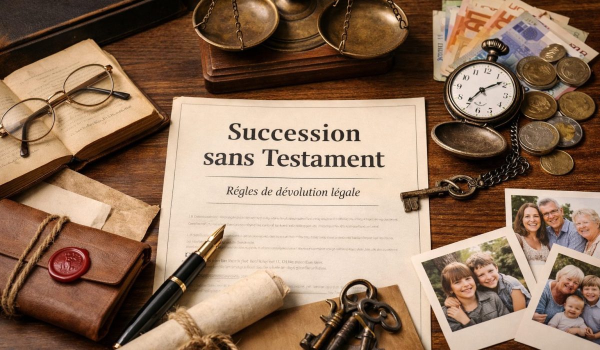 Document sur la succession sans testament avec objets symbolisant l’héritage, les règles successorales et l’ordre des héritiers