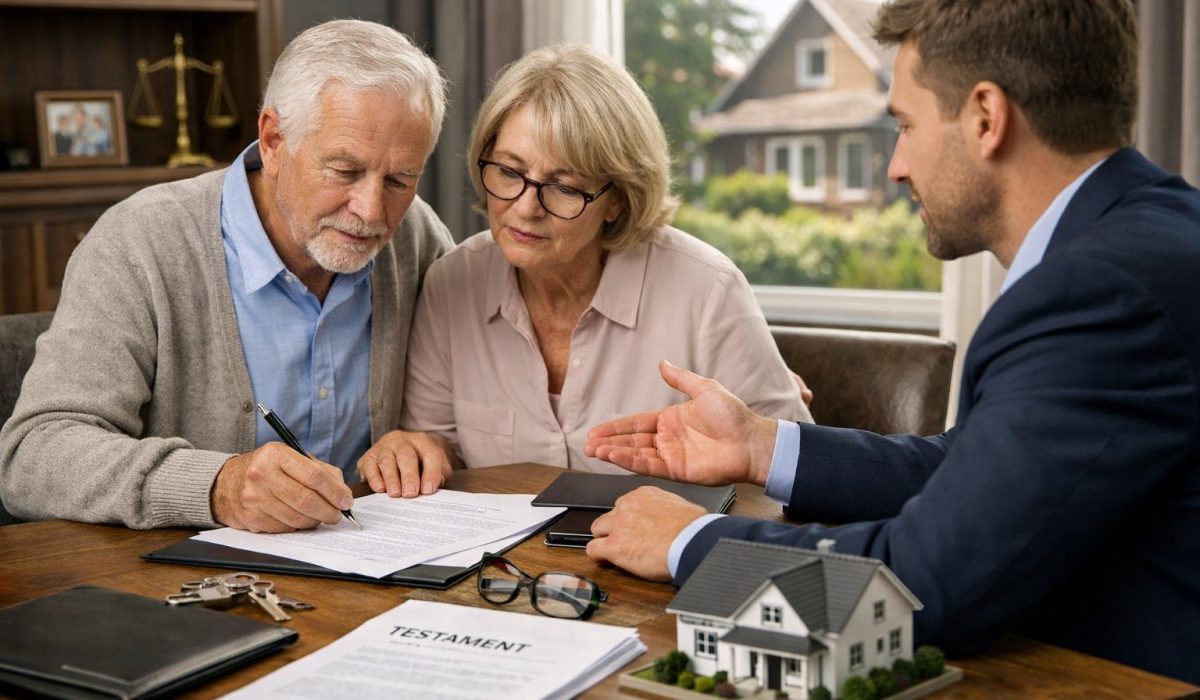 Couple senior avec conseiller examinant des documents pour sécuriser un héritage immobilier