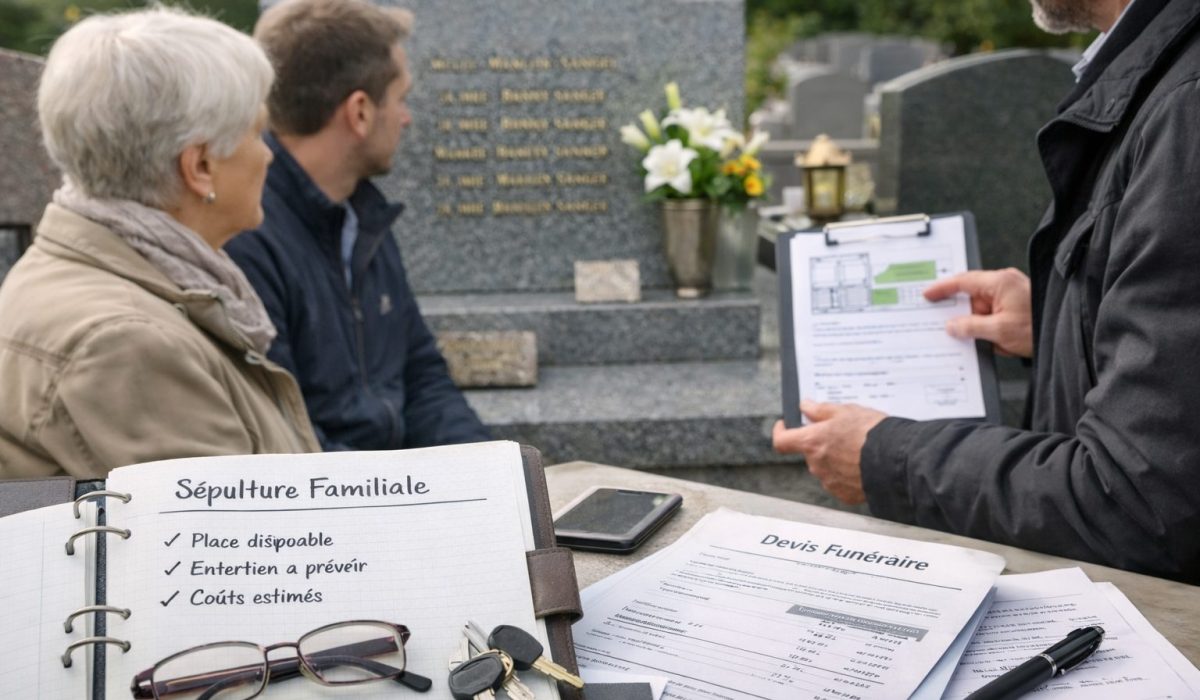 Sépulture familiale avec consultation au cimetière, documents, devis funéraire et arbitrages pour organiser la tombe familiale