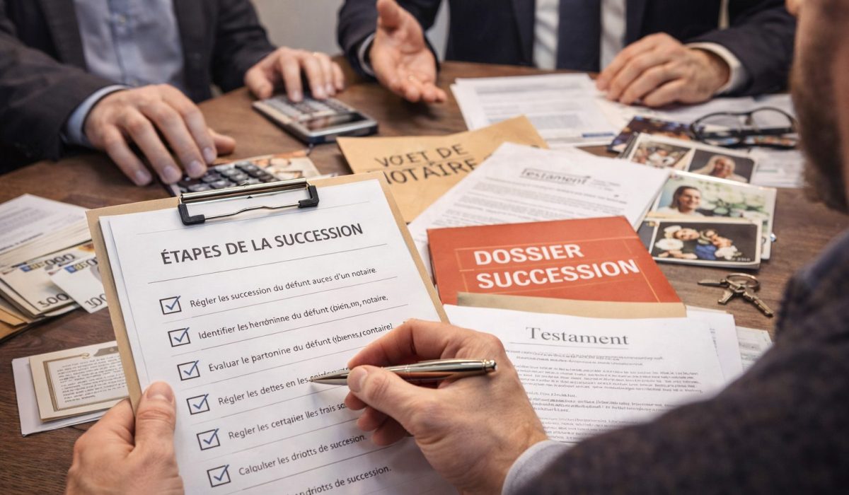 Documents de succession après décès avec dossier notarial, testament et étapes de règlement