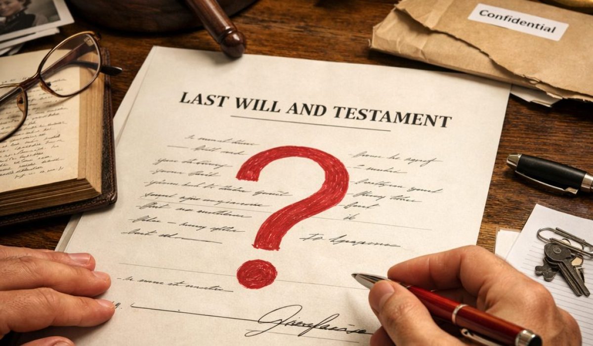 Testament avec points de contestation juridiques sur un bureau de notaire